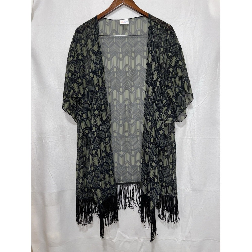NWT LuLaRoe Large Monroe Kimono Fringe Bottom Size Large‎ Green & Black